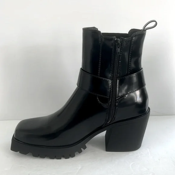 SHOE DAZZLE Black Ankle Boots Buckle Detail Lug Sole Moto Combat Shoes Size 9.5 - Picture 9 of 13